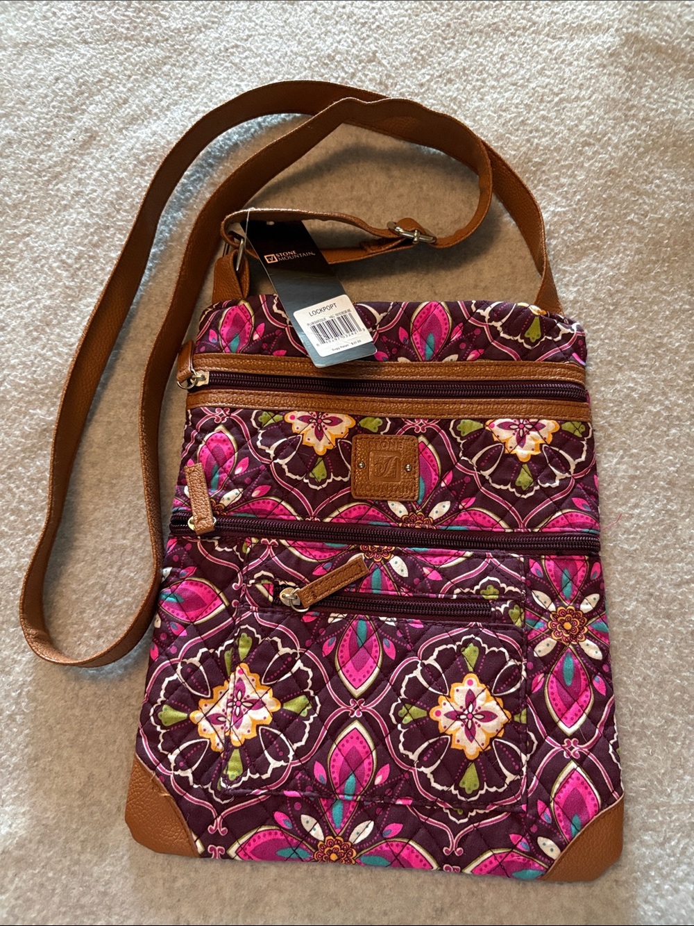 NWT Stone Mountain Purple Pink Floral Quilted Crossbody with Brown Strap